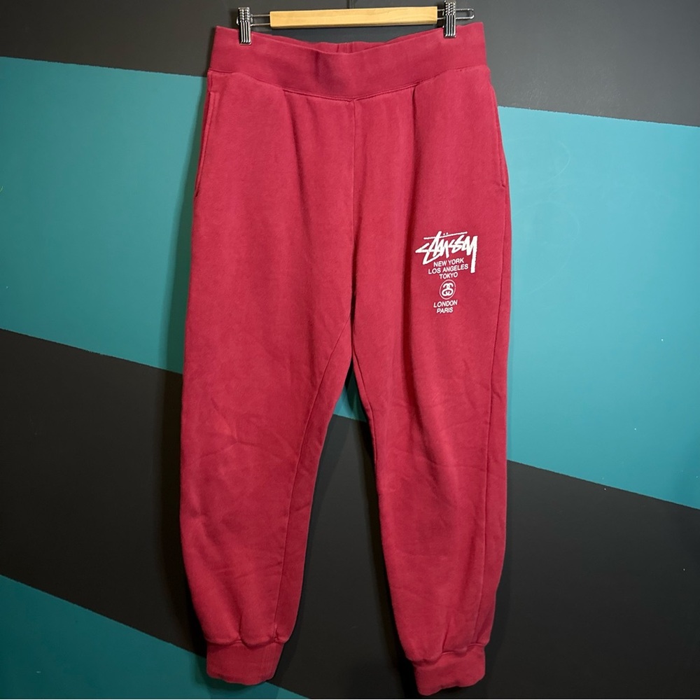 Stussy Men's Burgundy-Red World Tour Joggers Cotton - Picture 4 of 11